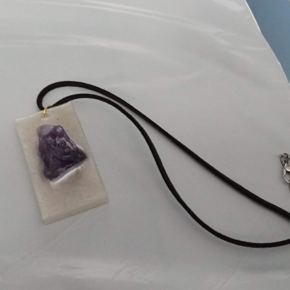 Handmade White Pendant with Natural Purple Stone